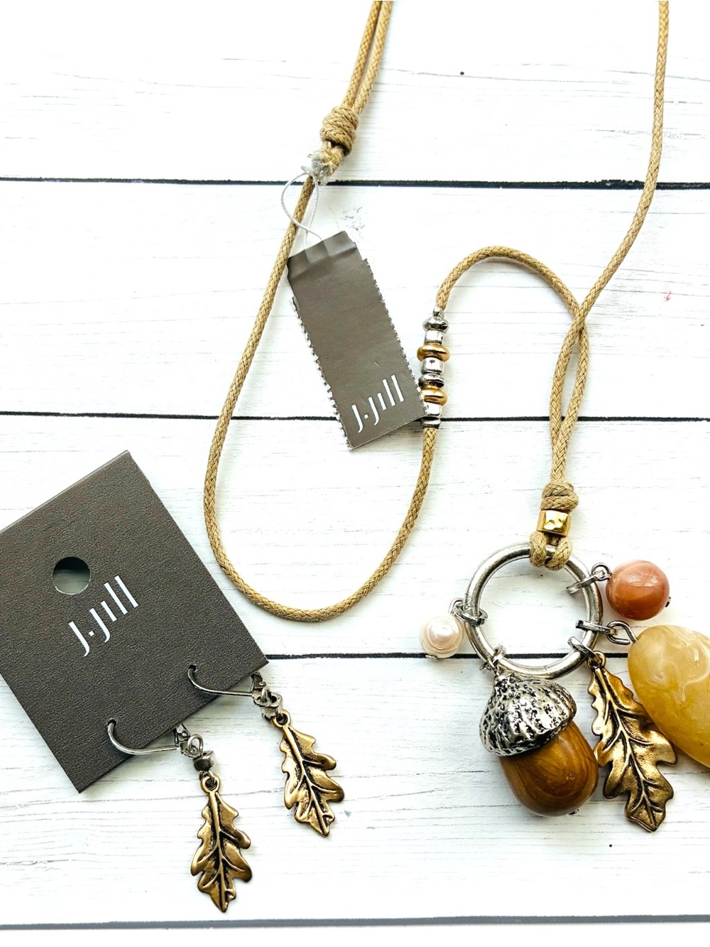 NEW NWT J. Jill Adjustable Slide Cord Acorn Leaf Charm Necklace Earrings $68 Tag